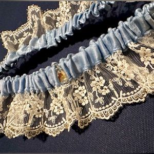 Light Blue and white lace garter with crystal charm